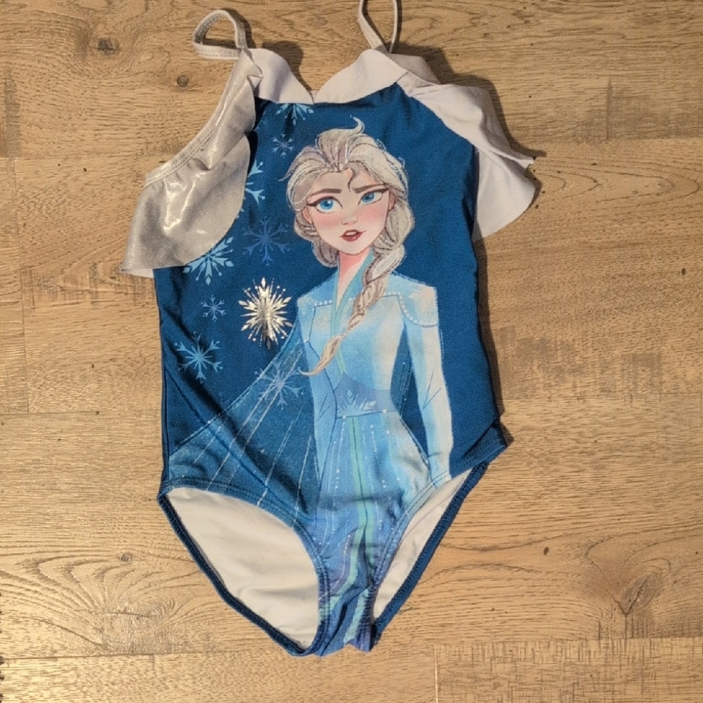 Disney Girls Elsa Frozen One Piece Swimsuit - Blue and Silver